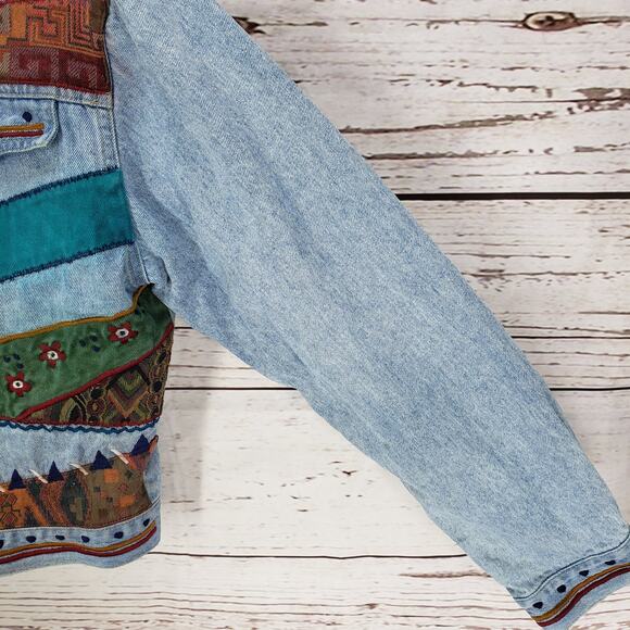 Petite Sophisticate Denim Patchwork Embroidered Crop Jacket Size Medium - Picture 6 of 14